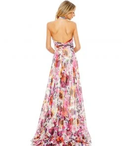 Mac Duggal Asymmetrical Ruffled Halter Floral Gown