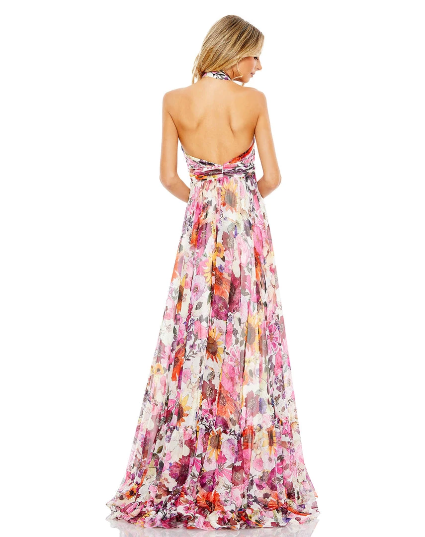 Mac Duggal Asymmetrical Ruffled Halter Floral Gown 2 Mac Duggal Asymmetrical Ruffled Halter Floral Gown