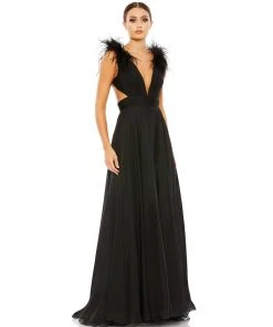 Ieena For Mac Duggal Plunge Ostrich Feather A Line Gown
