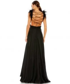 Ieena For Mac Duggal Plunge Ostrich Feather A Line Gown