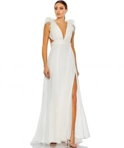 Ieena For Mac Duggal Plunge Ostrich Feather A Line Gown