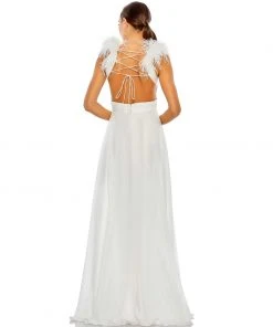 Ieena For Mac Duggal Plunge Ostrich Feather A Line Gown