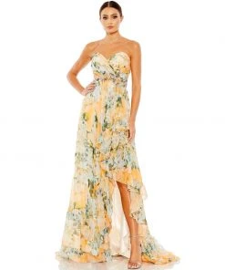 Ieena For Mac Duggal Ruffled Asymmetrical Hem Strapless Gown