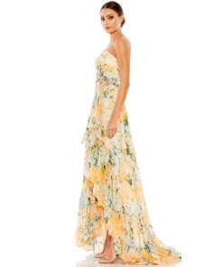 Ieena For Mac Duggal Ruffled Asymmetrical Hem Strapless Gown