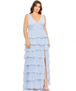 Mac Duggal Shop For Ruffle Tiered Sleeveless V Neck Gown (Plus)