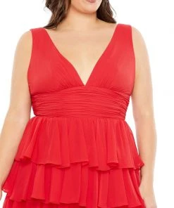 Mac Duggal Shop For Ruffle Tiered Sleeveless V Neck Gown (Plus)