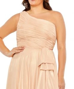 Mac Duggal Ruched One Shoulder Soft Tie Draped A Line Gown (Plus) Shop For