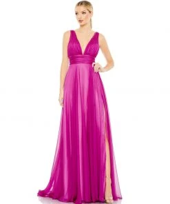 Ieena For Mac Duggal New Arrivals Draped Sleeveless V Neck Flowy Gown