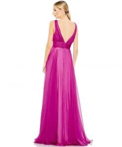 Ieena For Mac Duggal New Arrivals Draped Sleeveless V Neck Flowy Gown
