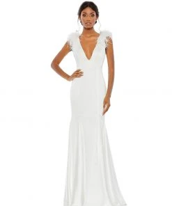 Mac Duggal Shop For Feather Shoulder V Neck Column Gown