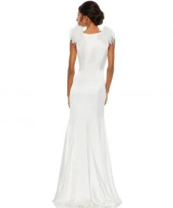 Mac Duggal Shop For Feather Shoulder V Neck Column Gown