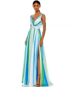 Mac Duggal Striped Multi Sleeveless Gown Shop For