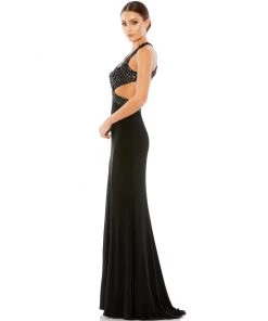 Mac Duggal Floral Sequined Criss Cross Bodice Gown