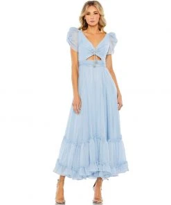 Mac Duggal Ruffle Tiered Metallic Ruched Shoulder Dress