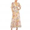 Mac Duggal Floral Print Chiffon Puff Sleeve Tiered Hem Dress