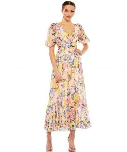 Mac Duggal Floral Print Chiffon Puff Sleeve Tiered Hem Dress