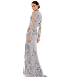 Mac Duggal Embellished V Neck Illusion Long Sleeve Gown