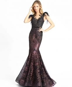Mac Duggal Embellished Feather Cap Sleeve Illusion Neck Trumpet Gown
