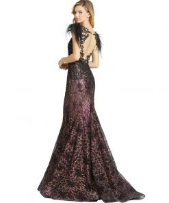 Mac Duggal Embellished Feather Cap Sleeve Illusion Neck Trumpet Gown