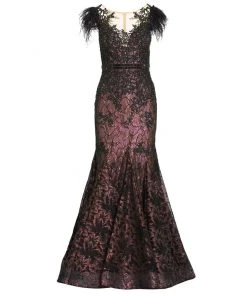 Mac Duggal Embellished Feather Cap Sleeve Illusion Neck Trumpet Gown