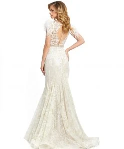Mac Duggal Embellished Feather Cap Sleeve Illusion Neck Trumpet Gown
