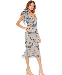 Mac Duggal Shop For Floral Embellished Beaded V-Neck Midi Dress
