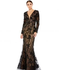 Mac Duggal Embellished Long Sleeve Plunge Neck Trumpet Gown Shop For