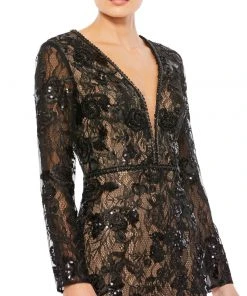 Mac Duggal Embellished Long Sleeve Plunge Neck Trumpet Gown Shop For