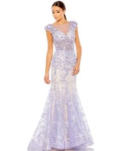 Mac Duggal Embellished Cap Sleeve Cowl Neck Trumpet Gown