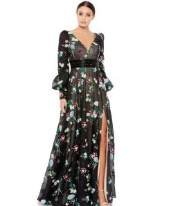 Mac Duggal Shop For Floral Embroidered Bishop Sleeve Maxi Dress