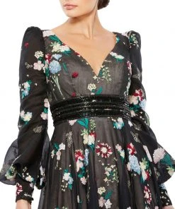 Mac Duggal Shop For Floral Embroidered Bishop Sleeve Maxi Dress