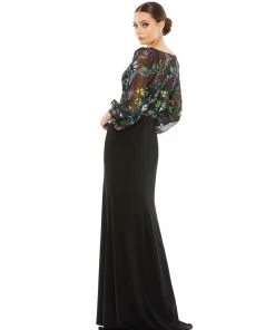 Mac Duggal Embroidered Illusion Puff Sleeve Column Gown