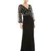 Mac Duggal Embroidered Illusion Puff Sleeve Column Gown