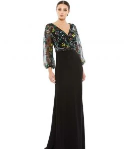 Mac Duggal Embroidered Illusion Puff Sleeve Column Gown
