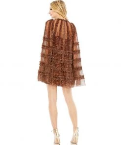 Mac Duggal Floral Print Long Flare Sleeve Mesh A-Line Dress