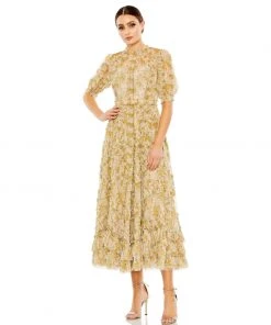 Mac Duggal Illusion Puff Sleeve Floral Print Dress