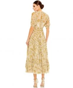 Mac Duggal Illusion Puff Sleeve Floral Print Dress