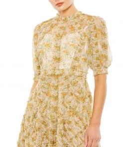 Mac Duggal Illusion Puff Sleeve Floral Print Dress