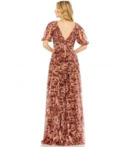 Mac Duggal Floral Illusion V-Neck Puff Sleeve Gown Shop For