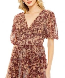 Mac Duggal Floral Illusion V-Neck Puff Sleeve Gown Shop For