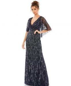 Mac Duggal Wrap-Front Beaded Cape Gown Shop For