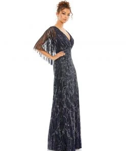 Mac Duggal Wrap-Front Beaded Cape Gown Shop For