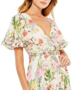 Mac Duggal Floral V-Neck Pleated Maxi Dress