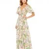 Mac Duggal Floral V-Neck Pleated Maxi Dress