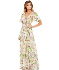 Mac Duggal Floral V-Neck Pleated Maxi Dress