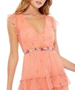 Mac Duggal Floral Ruffle Layered Flutter Sleeve Dress