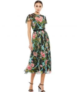 Mac Duggal Shop For Floral Illusion Flutter Sleeve Midi Dress