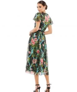 Mac Duggal Shop For Floral Illusion Flutter Sleeve Midi Dress