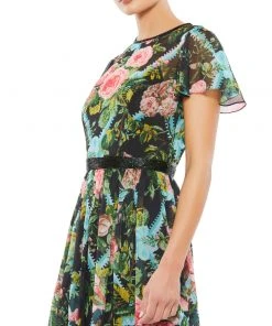 Mac Duggal Shop For Floral Illusion Flutter Sleeve Midi Dress