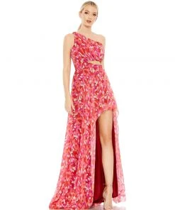 Ieena For Mac Duggal Printed One Shoulder Cut Out Hi-Lo Gown